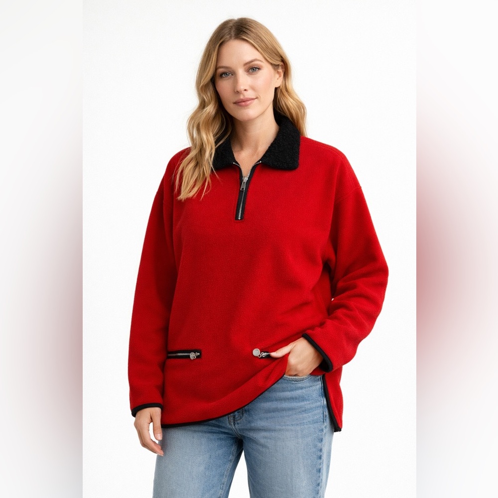 Vintage 90's Red Half Zip Pullover Sherpa Black Collar Grandma Ski Cottage Sz‎ M